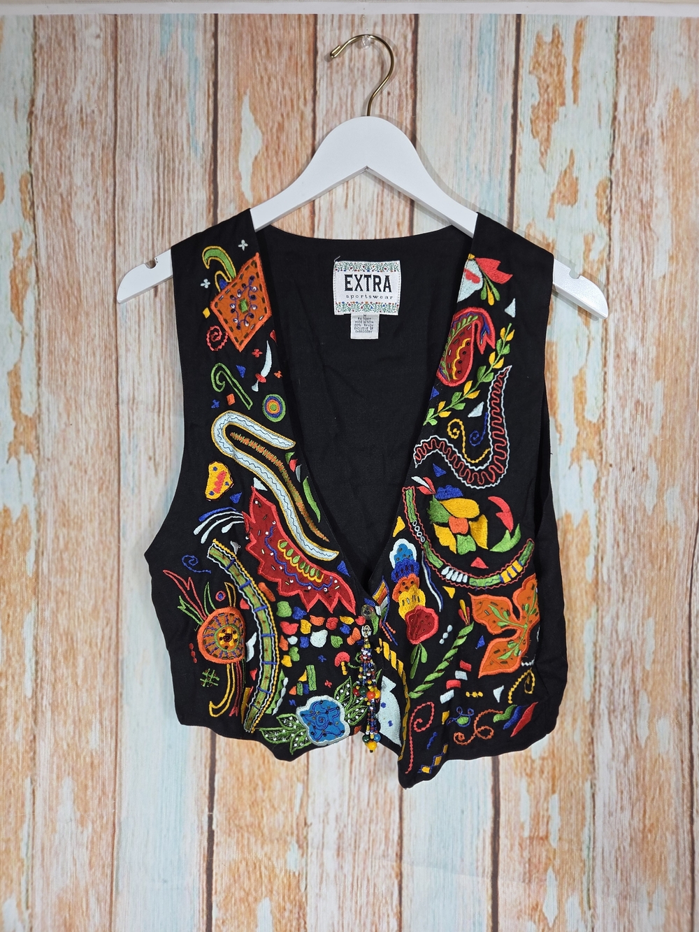 Vintage Extra Sportswear Embroidered Beaded Vest Black Cropped Boho Festival M